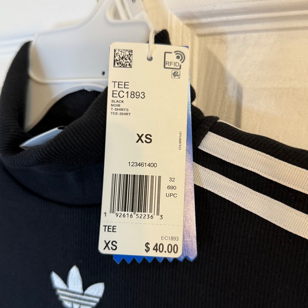 Adidas originals Mock Neck‎ Top Ribbed 3 Stripe Tee Shirt Ruffle Trim Black XS - Picture 5 of 12